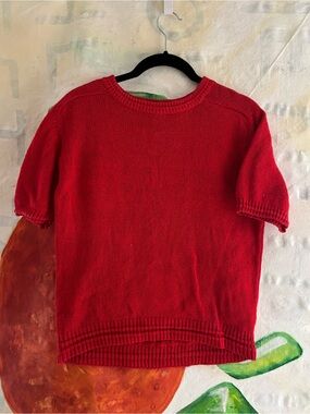 90s St. John Red Short-Sleeve Crew Neck Knit Cotton Sweater